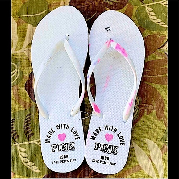 PINK Victoria's Secret Shoes - 🆕HP🎉RARE/HTF/PINK BY VS VERY CUTE MADE W/LOVE-1986-WHITE FLIP FLOPS&SPLASHED